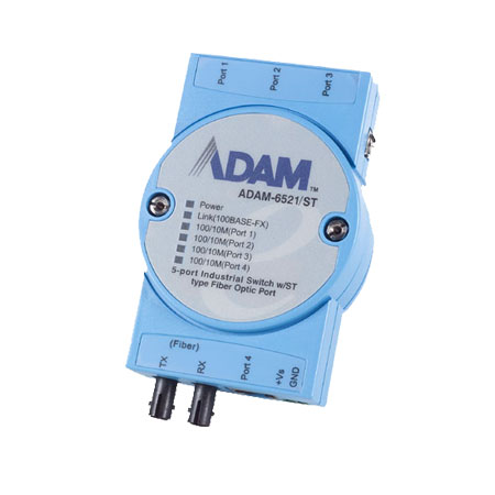 ADAM-6521/ST Conmutador Ethernet no gestionado multimodo 4FE+1FE ST, montaje flexible